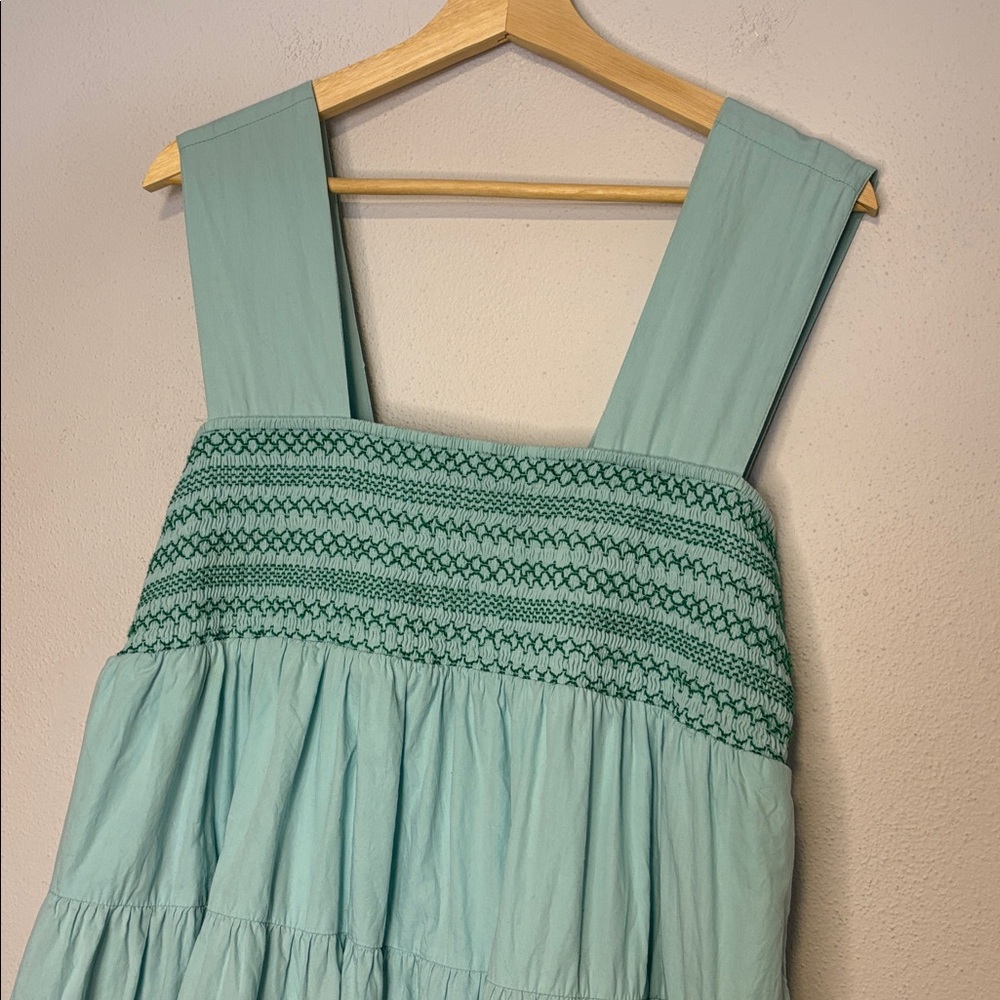 Anthropologie Helena Square-Neck Smocked Light Aqua Blue Midi Dress Medium - Picture 4 of 11